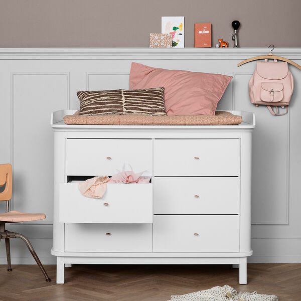 Wood puslekommode 6 skuffer med stor pusleplade, hvid, Oliver Furniture