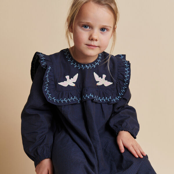 Checkered Dress w. Embroidery and Ruffle, brown/blue check comb. Checkered Dress w. Embroidery and Ruffle, brown/blue check comb., Copenhagen Colors Organics