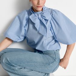 Cotton Striped Blouse with Removable Bow, skyway blue, Rich & Royal