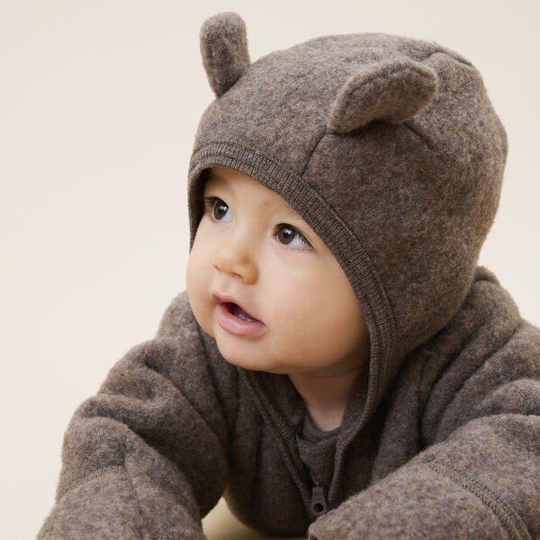 Pram Suit Ears Wool Fleece, brown melange, HUTTEliHUT