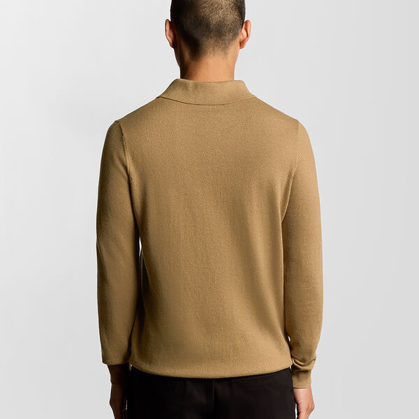 Cotton Merino Long Sleeve Knitted Polo, tigers eye, Lyle & Scott