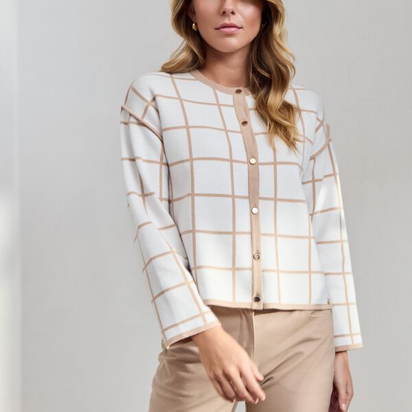 Cardigan Chic Check Knit | Off White/Camel | Cardigan, Micha