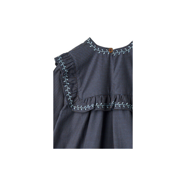 Checkered Dress w. Embroidery and Ruffle, brown/blue check comb. Checkered Dress w. Embroidery and Ruffle, brown/blue check comb., Copenhagen Colors Organics