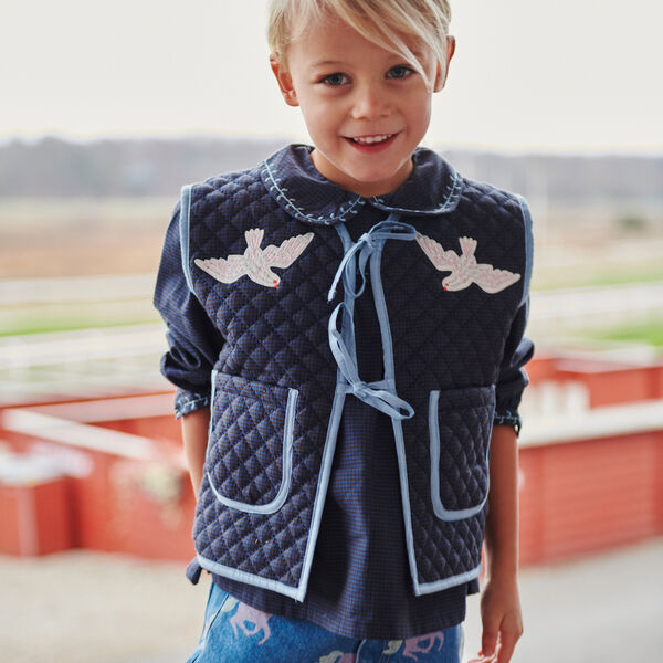 Checkered Quilted Vest w. Embroirdey, brown/blue check comb., Copenhagen Colors Organics