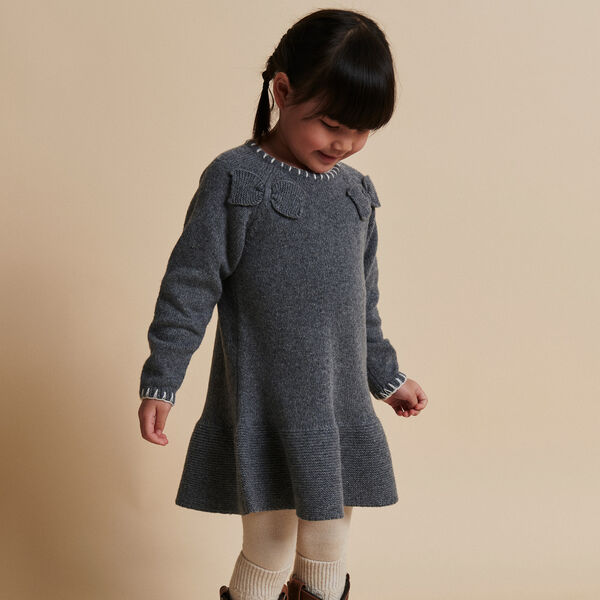 Lambswool Dress w. Bow, dark grey/cream comb., Copenhagen Colors Organics