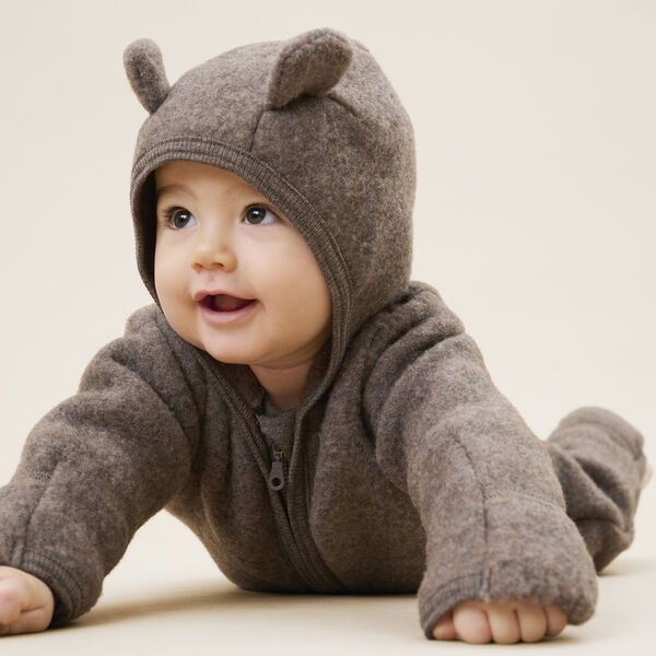 Pram Suit Ears Wool Fleece, brown melange, HUTTEliHUT