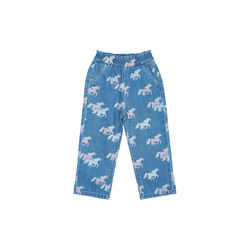 Organic Pants w. Frill Waist & Unicorn Print, indigo blue washed w. unicorn, Copenhagen Colors Organics