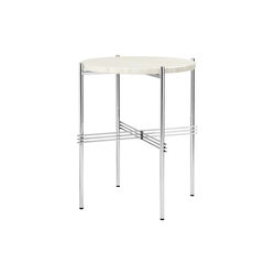 TS Side Table Round, neutral white travertine/steel, GUBI