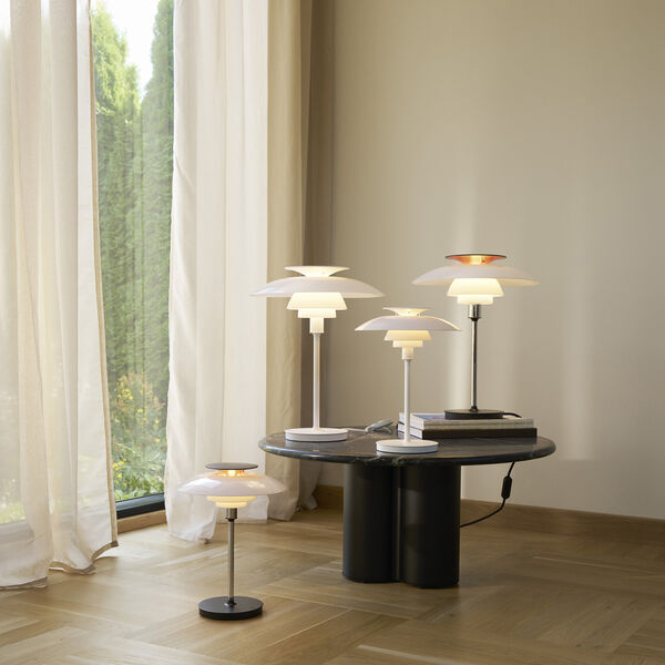 PH 80 bordlampe, opal white/high lustre chrome plated, Louis Poulsen