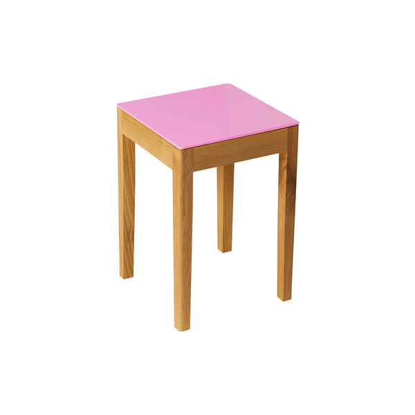 Stool/Side Table, a raspberry on top/oiled oak, a seat in Siena