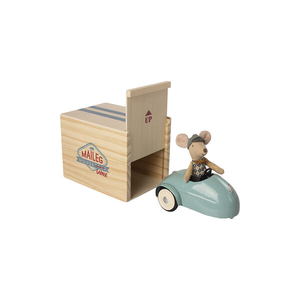Mus med bil og garage, blå, Maileg