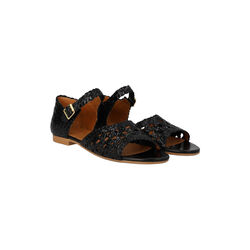 H&aring;ndflettet sandal med hulm&oslash;nster detalje, black, ANGULUS