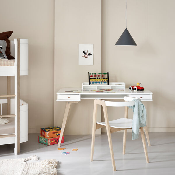 Wood skrivebord 66 cm & armstol sæt, hvid/eg, Oliver Furniture