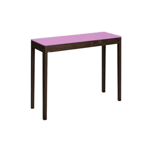 Console Table, a raspberry on top/fumed oak, a seat in Siena