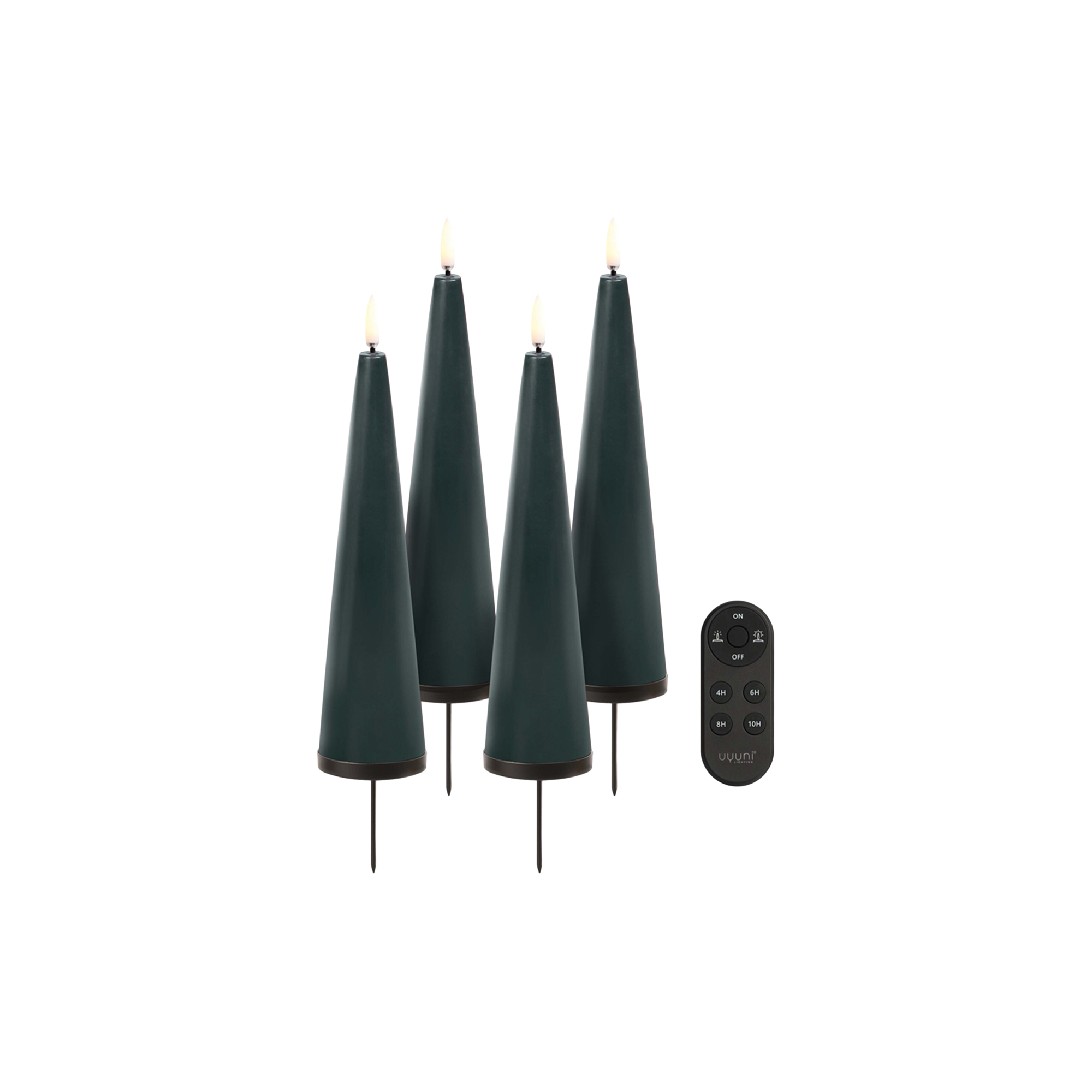 Uyuni Lighting - Giftbox w. spike, remote, LED cone candle 4-pack, pine green
