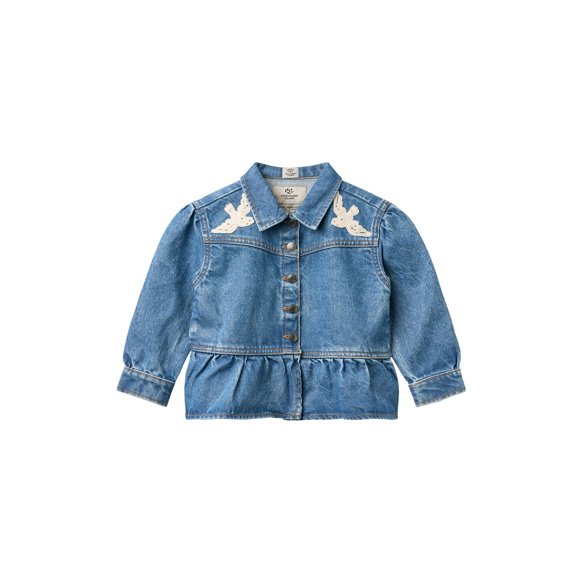 Copenhagen Colors Organics - Denim Frill Jacket w. Crochet Doves - Str. 110
