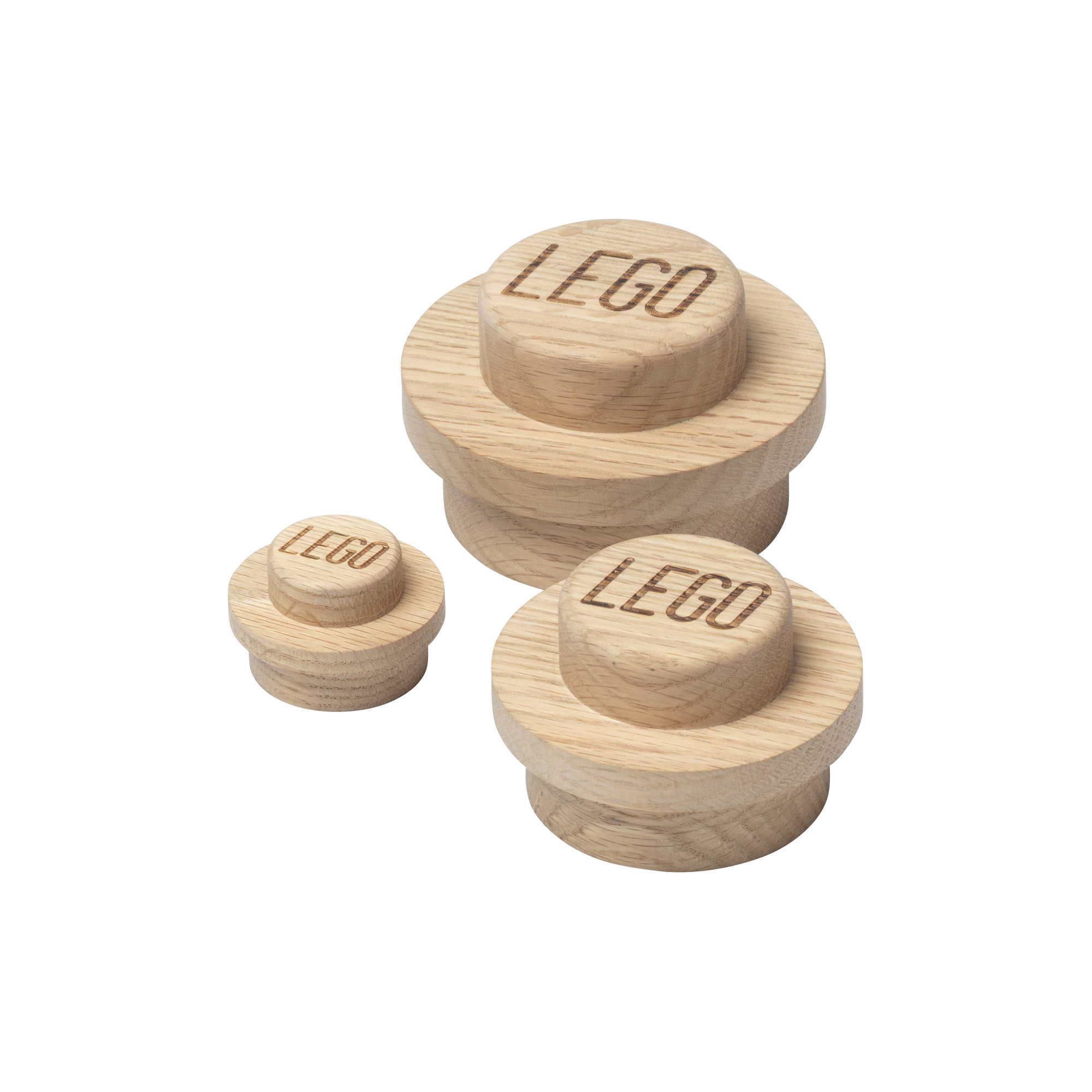 Room Copenhagen - LEGO 1x1 knagesæt, sæbebehandlet eg - Ø 4,7/Ø 7,8/Ø 9,4 cm.