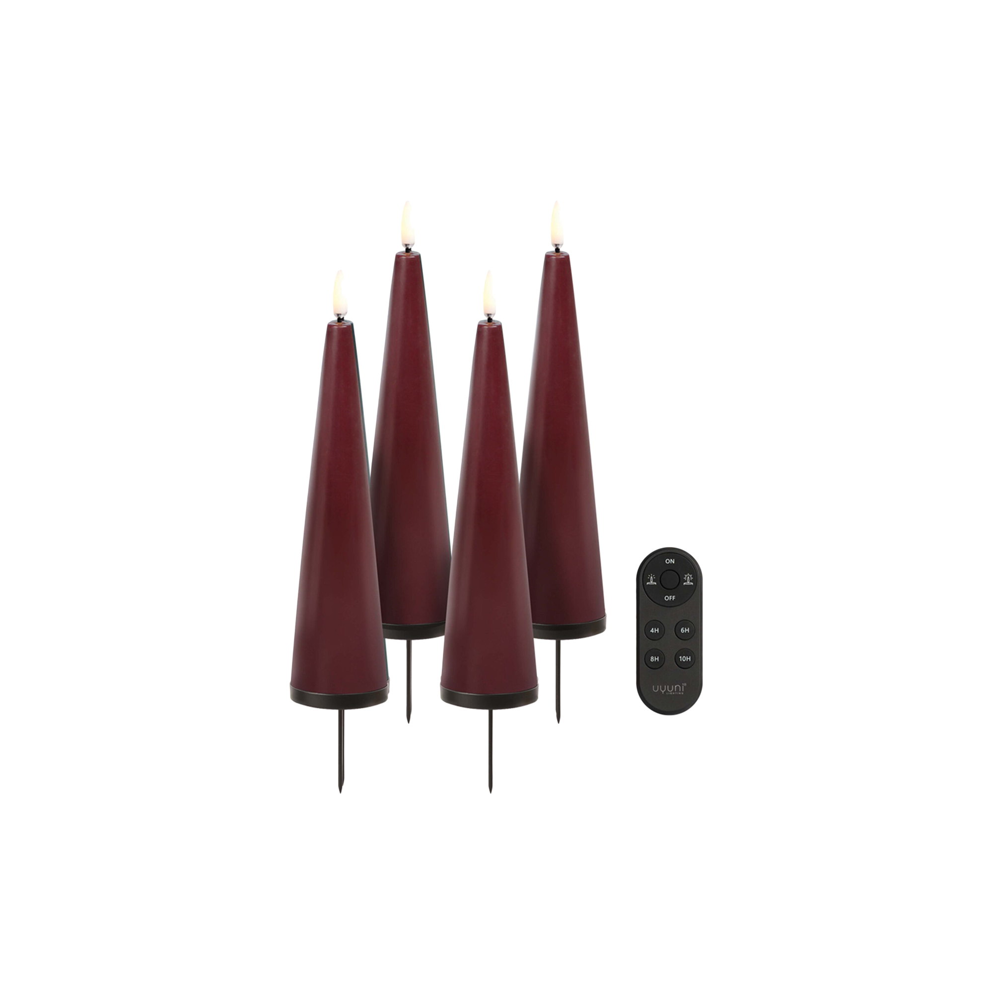 Uyuni Lighting - Giftbox w. spike, remote, LED cone candle 4-pack, wine red