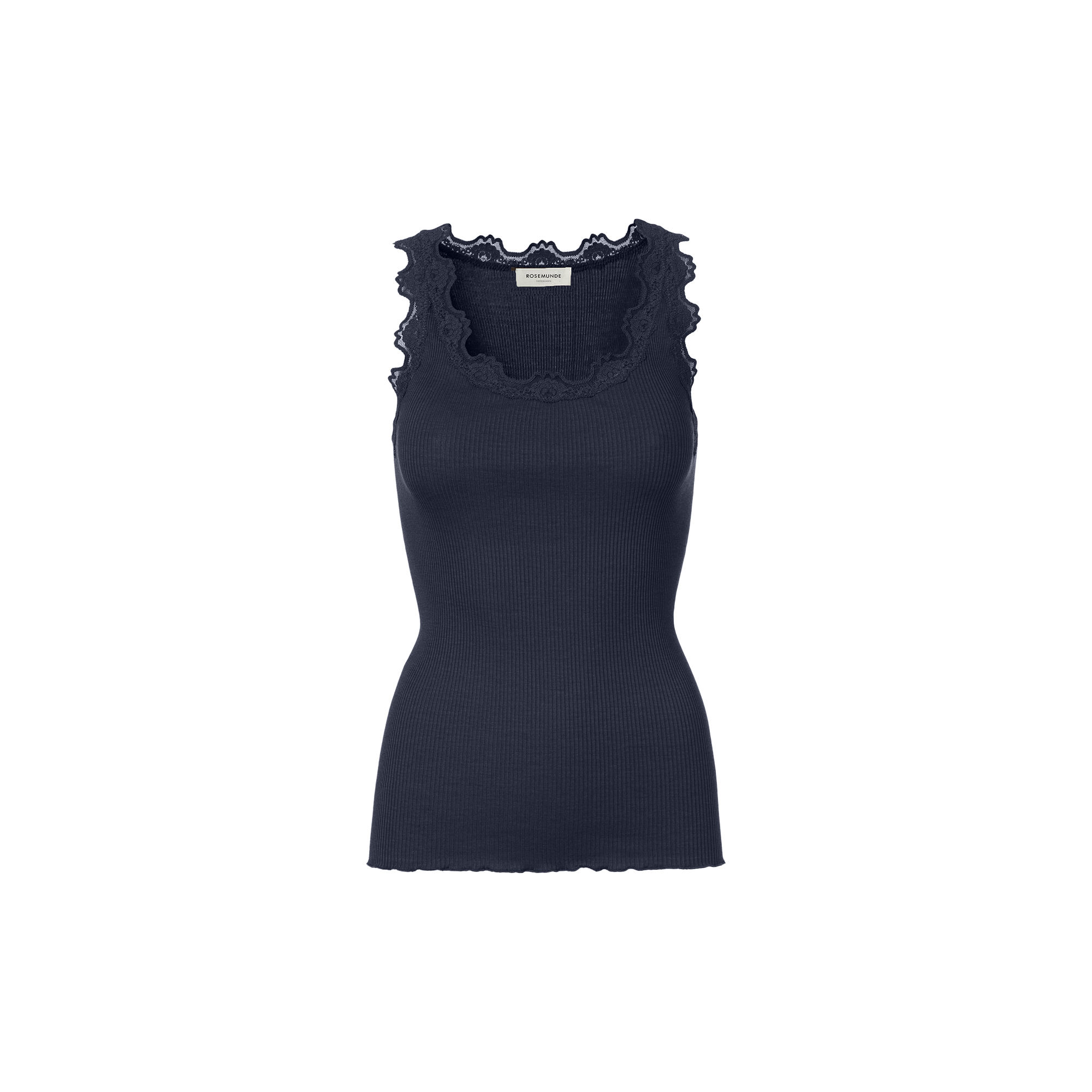 Rosemunde - Silketop med blonder, navy - Str. M