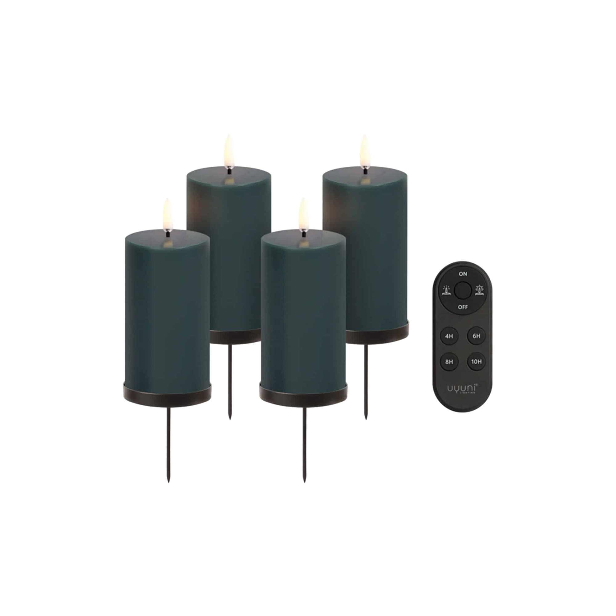 Uyuni Lighting - Giftbox w. spike, remote, LED pillar candle 4-pack, pine green