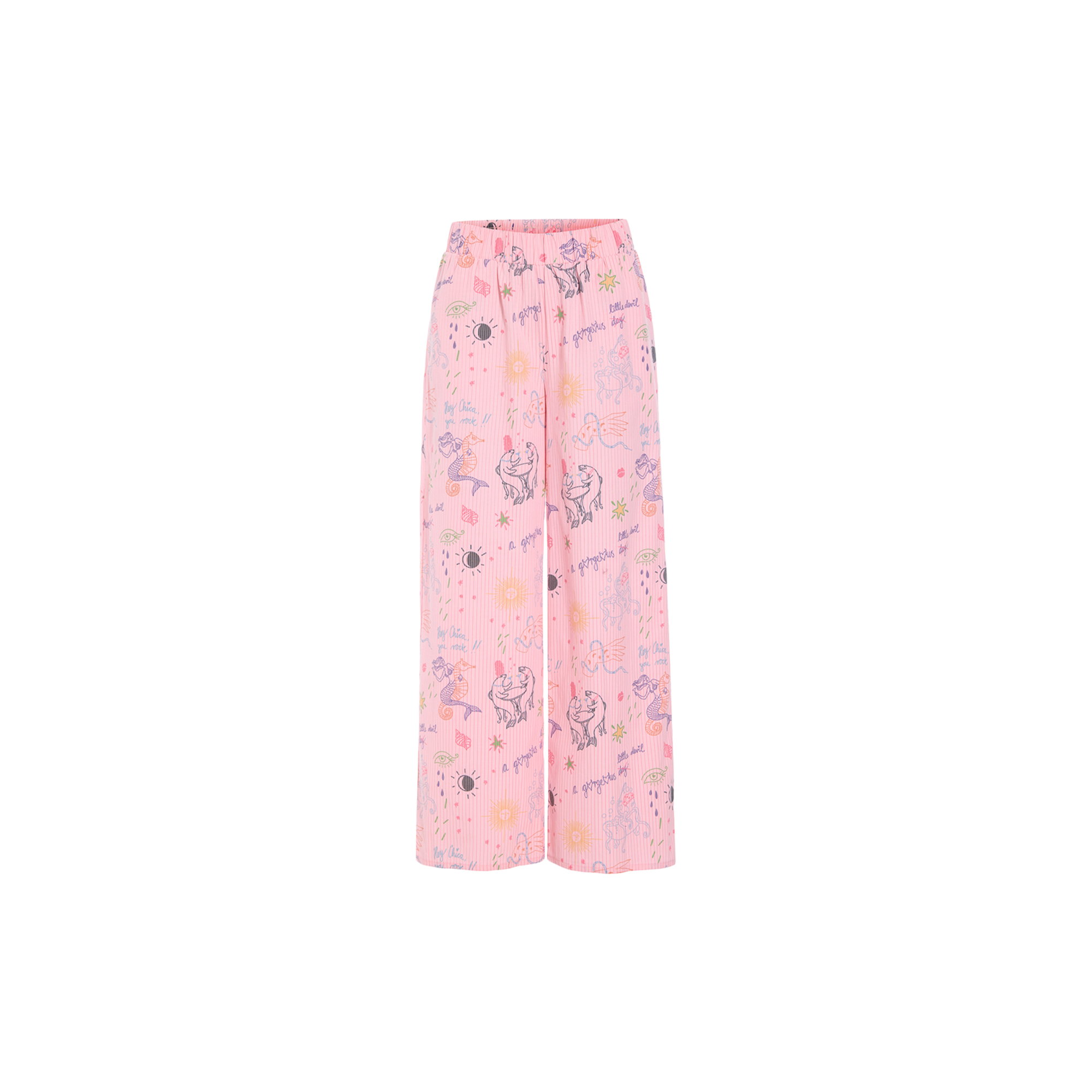 HUNKØN - Zoe Trousers, pink sea creatures art print - Str. XL