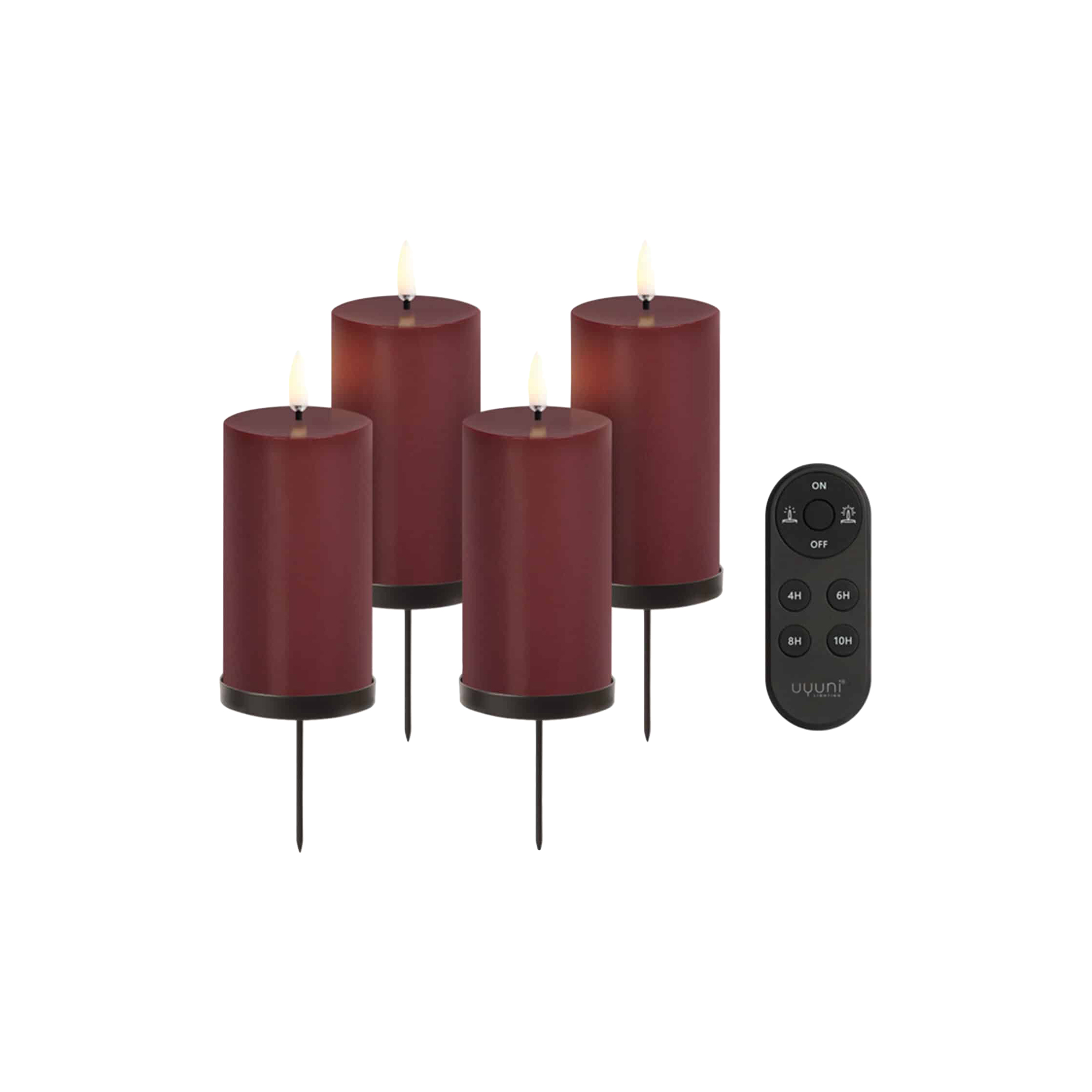 Uyuni Lighting - Giftbox w. spike, remote, LED pillar candle 4-pack, wine red