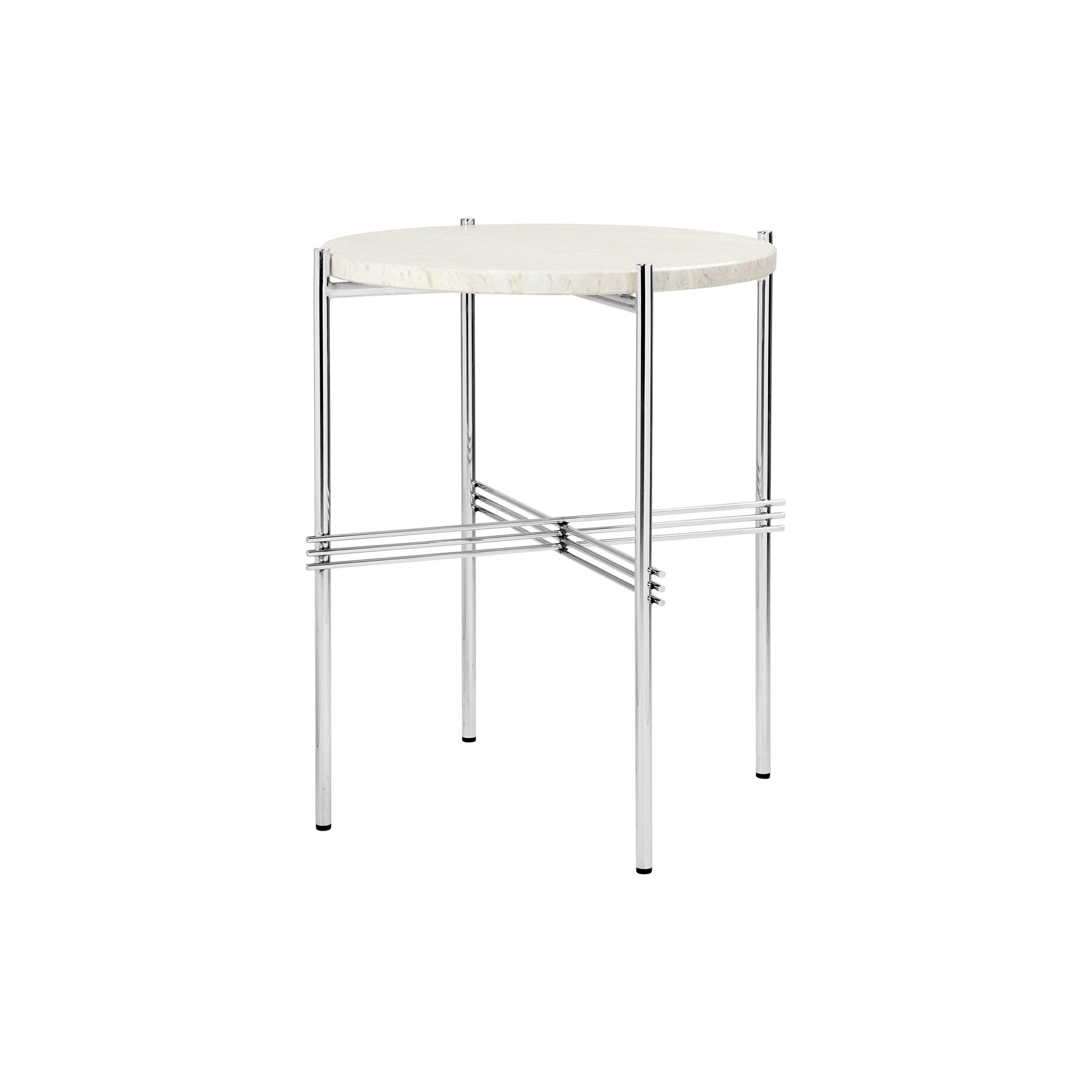 GUBI - TS Side Table Round, neutral white travertine/steel