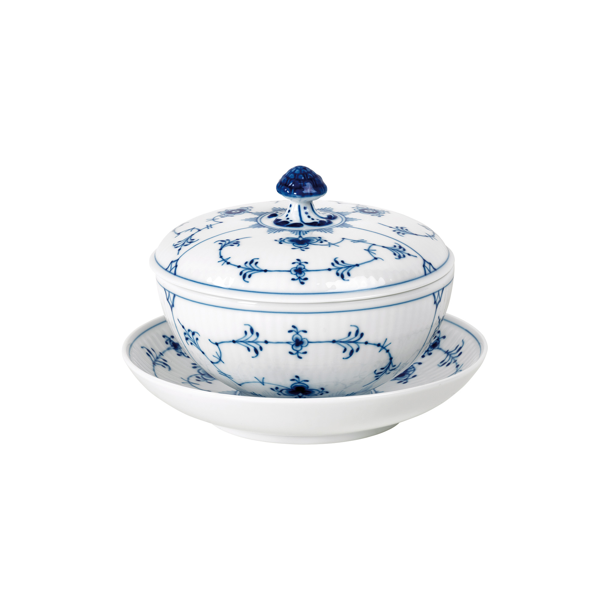 Royal Copenhagen - Musselmalet Riflet skål med låg og underkop 38 cl